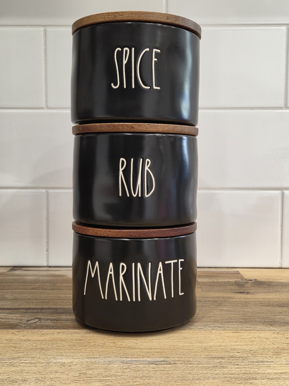 Rae Dunn Black Ceramic Stackable Spice Canisters with Wood Lids